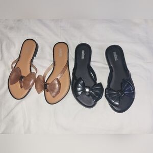 2 Melissa Women's Bow Slide Sandals - Tan and Black